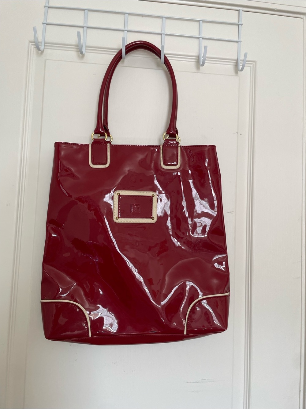Patent Red Tote Bag with Contrast Trim